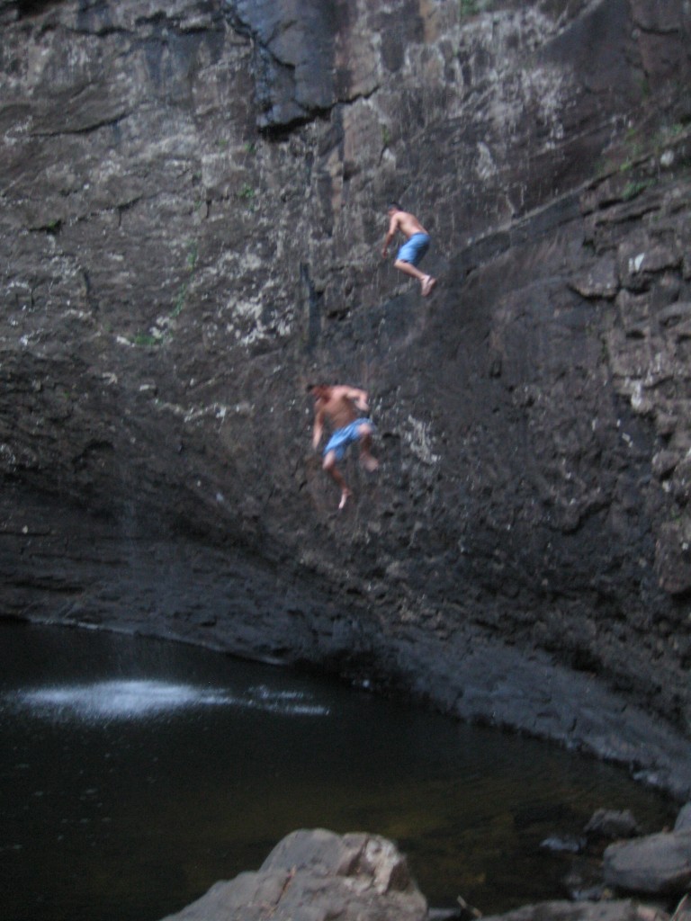Rex jumps as Phil trips off of Foster Falls